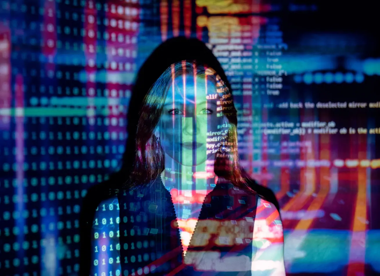 woman, analysis, screen, blue, tech